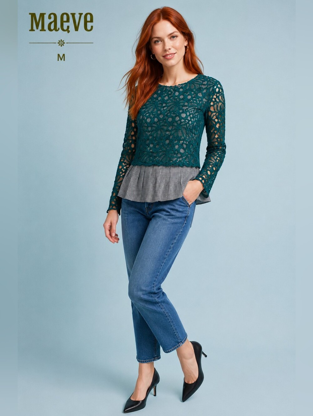 Maeve Women's Gingham & Lace Top Green Pleated Hem Long Sleeve Size M